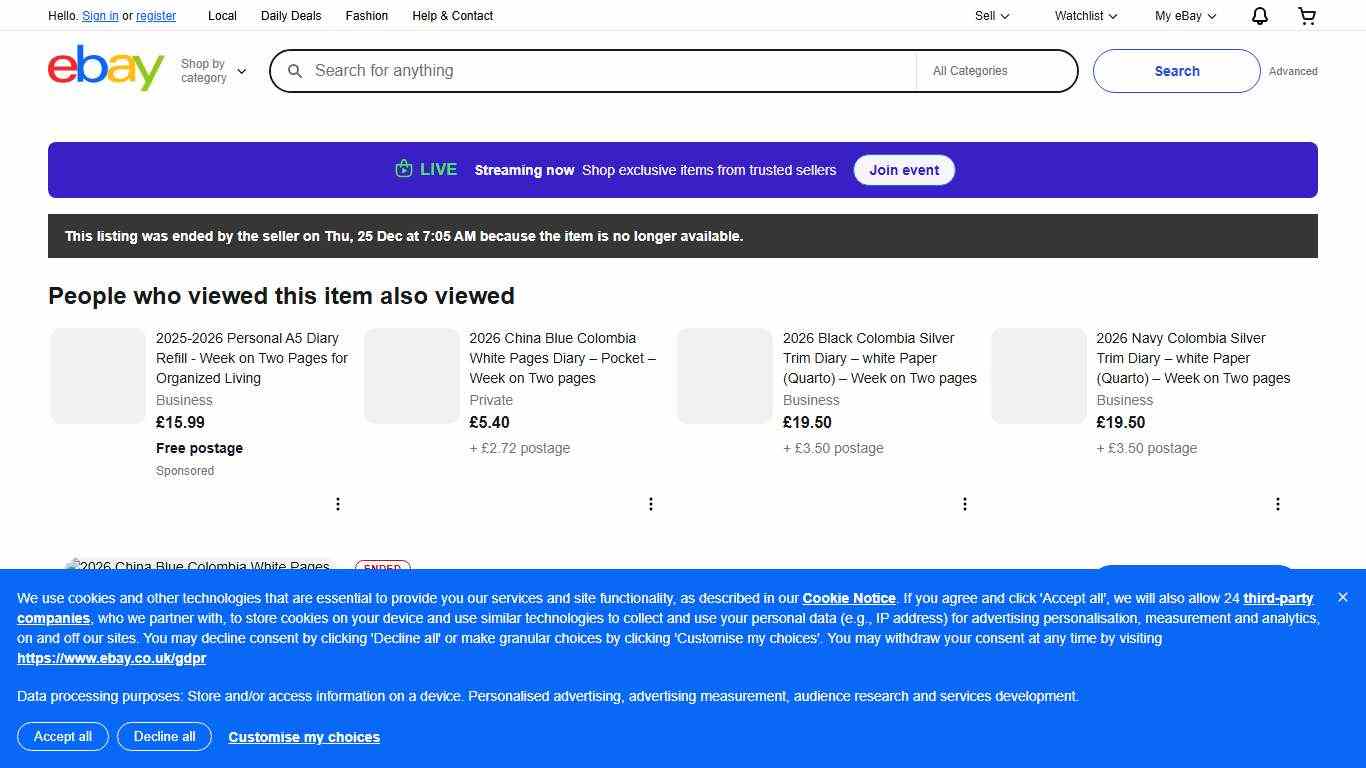 2026 China Blue Colombia White Pages Diary -Medium (A5) – Week on Two pages eBay UK